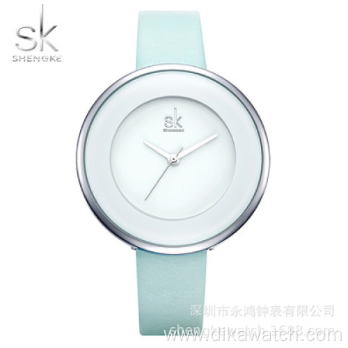 SHENGKE New Leather Strap Buckle Women Watches 38 MM Big Top Brand Simple Watch Reloj Mujer Dial Quartz Luxury Ladies Watches